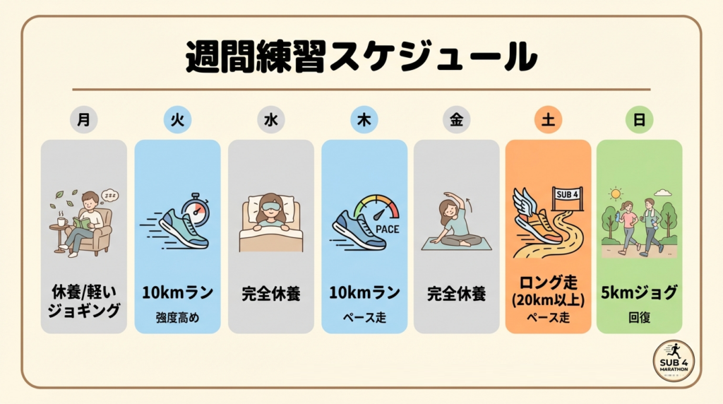 練習内容は平日10kmランを2回、土曜に30km走か20km走、日曜日にLSD