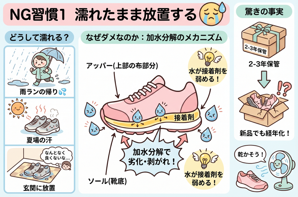 ランニングシューズのNG習慣① 濡れたまま放置する