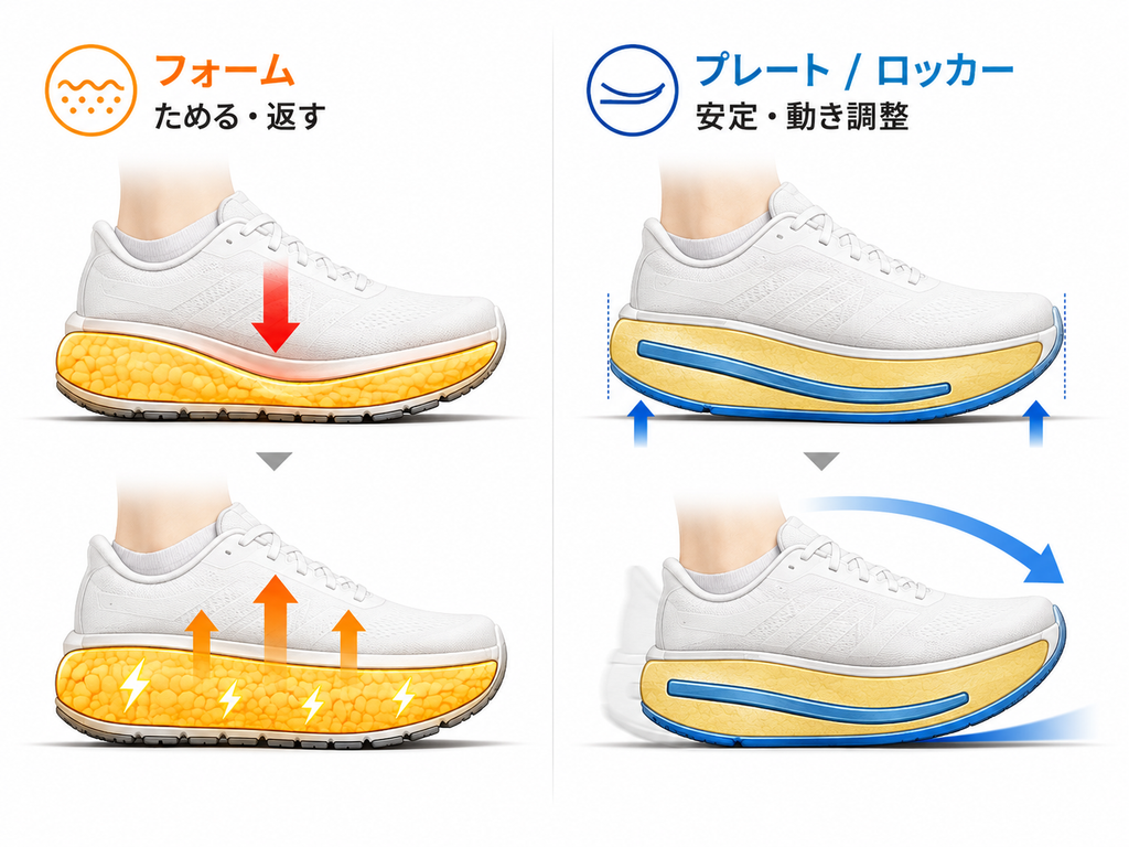 フォームが「エネルギーを蓄えて返す部分」だとすれば、プレートやロッカーは「厚いフォームを安定して機能させ、足の動きを調整する構造」です