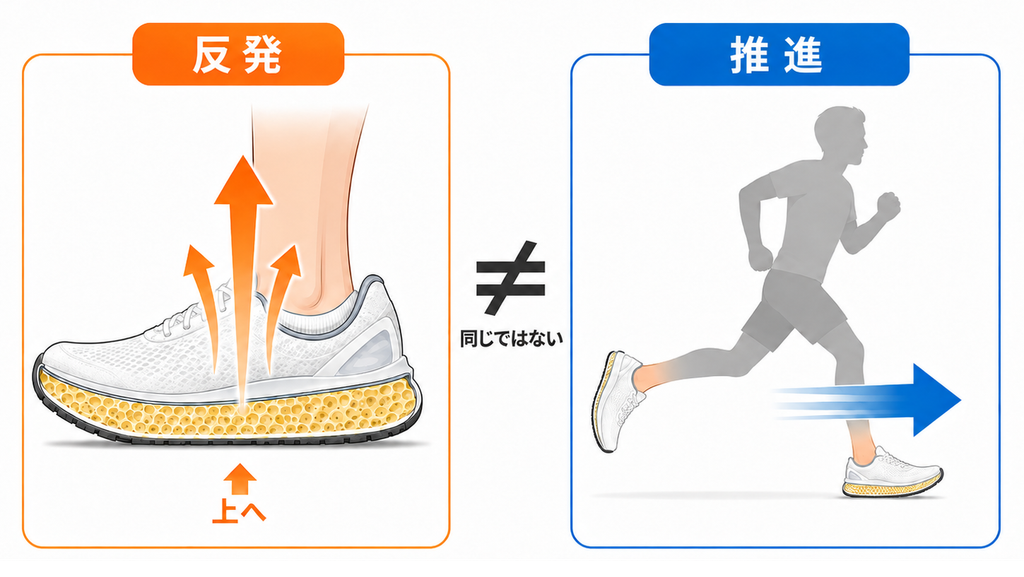 反発とは：シューズが変形時に受け取ったエネルギーを、復元時に返す性質。
推進とは：ランナーの身体を前へ加速させる作用。