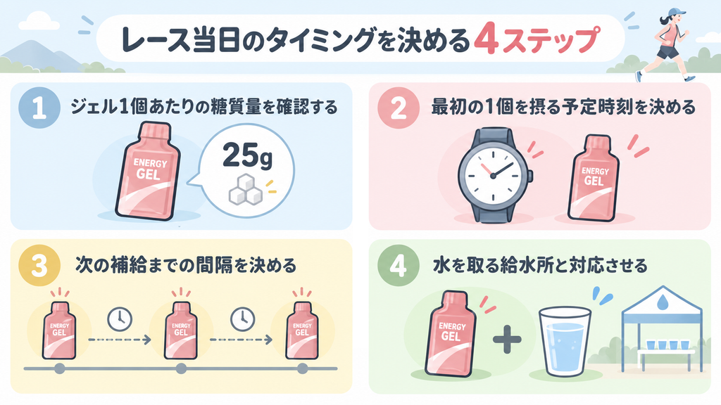 レース当日のジェル摂取のタイミングを決める