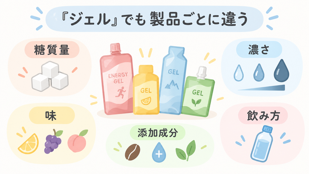 ジェルは糖質量、濃さ、味、添加成分が違う